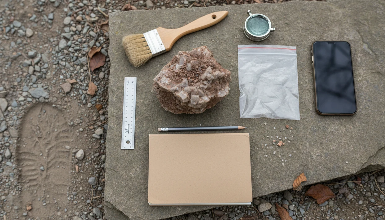 A dusty found rock with field tools arranged on stone for safe identification steps.