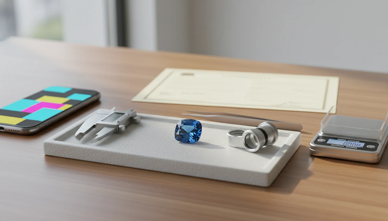A loose gemstone is shown with calipers, a loupe, a scale, and a blurred phone on a gemologist’s desk.