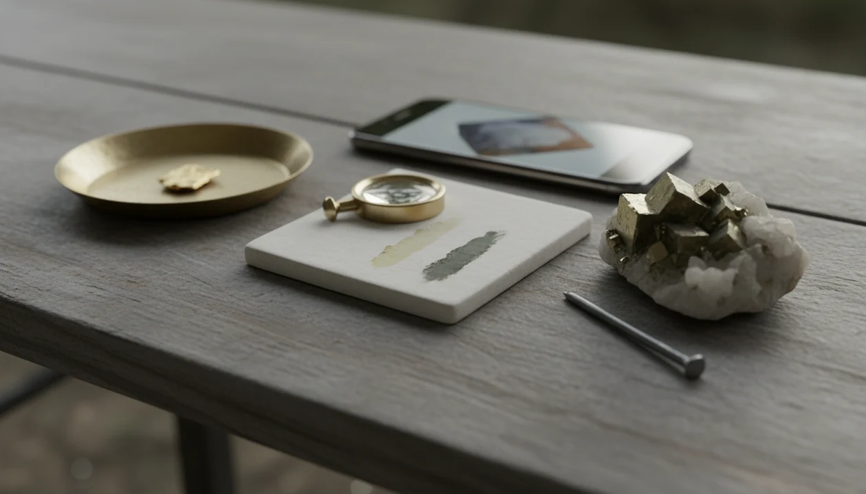 Gold-colored flakes and pyrite cubes sit beside streak marks and a phone for mineral identification.