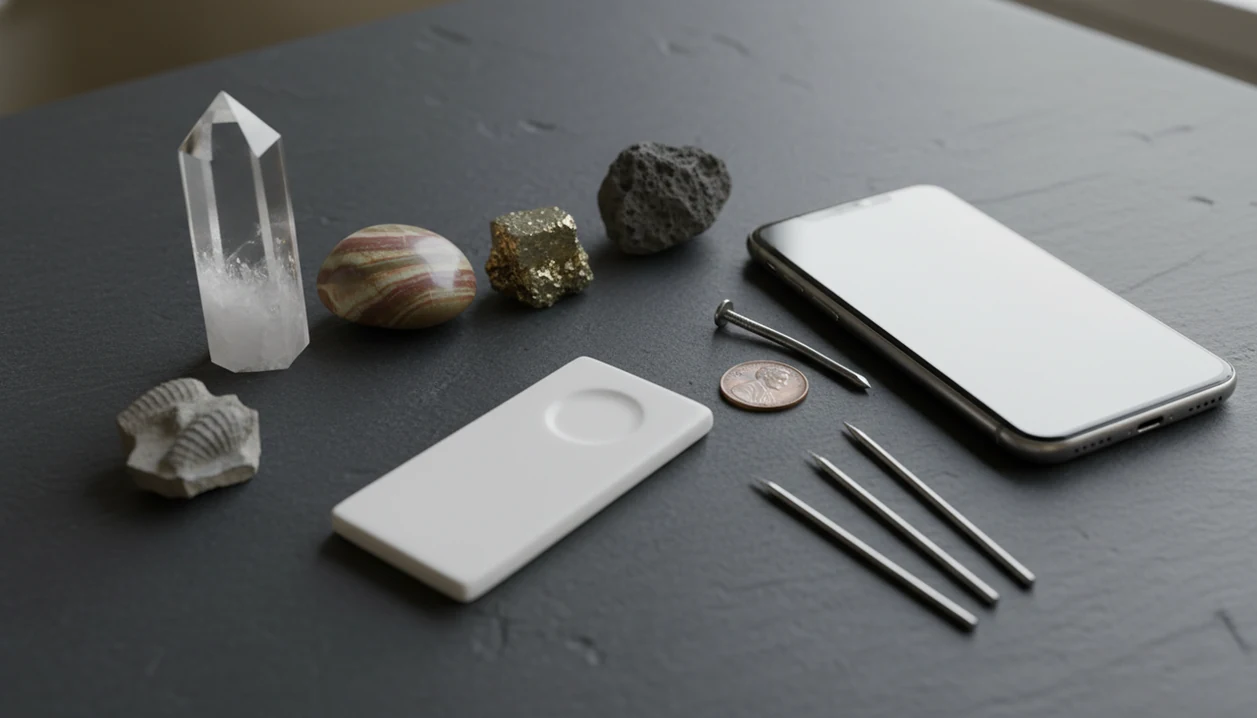 Rock specimens, a phone, and scratch-test tools arranged to compare app identification with Mohs hardness checks.