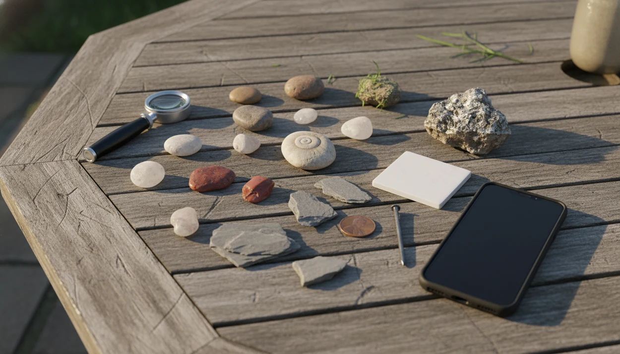 Backyard stones laid out with a hand lens and simple scratch-test tools for identification.