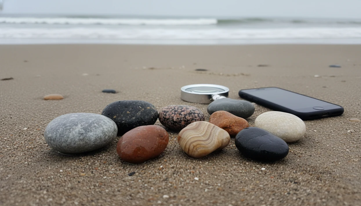Rounded beach pebbles, a hand lens, and a dark phone rest on damp sand near soft waves.
