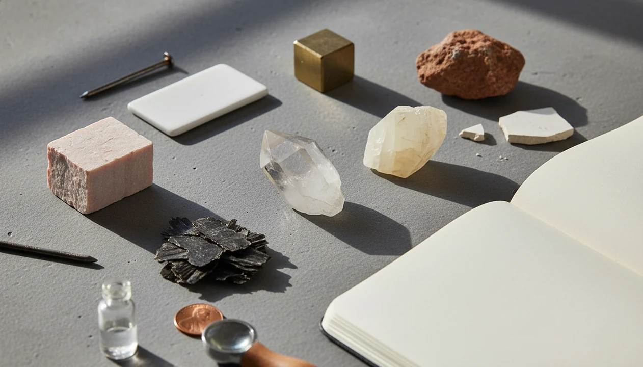 Mineral specimens arranged with simple testing tools for hardness, streak, and observation.
