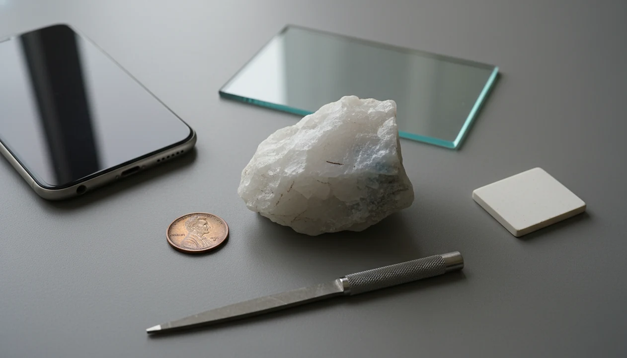 A phone sits beside a rock and scratch-test tools, showing that Mohs hardness needs physical contact.