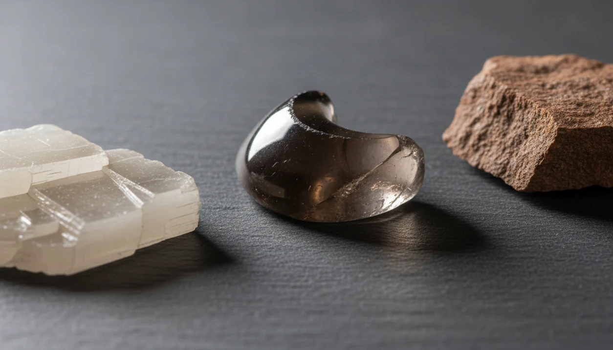 Close-up of mineral pieces showing flat cleavage planes and curved fracture surfaces under soft light.