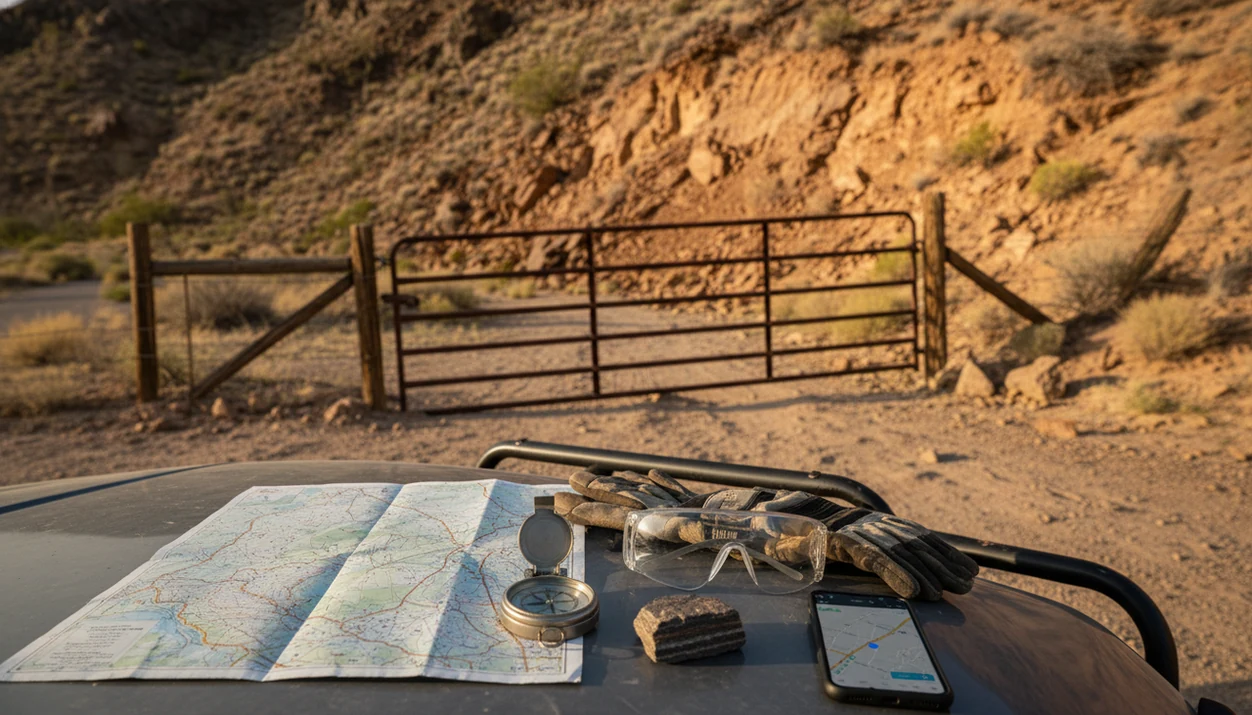 Safety gear, map, and phone sit before a fenced rocky roadcut with unstable terrain beyond.