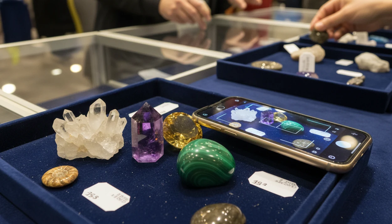 A phone rests beside trays of crystals on a gem show table for a quick identification check.