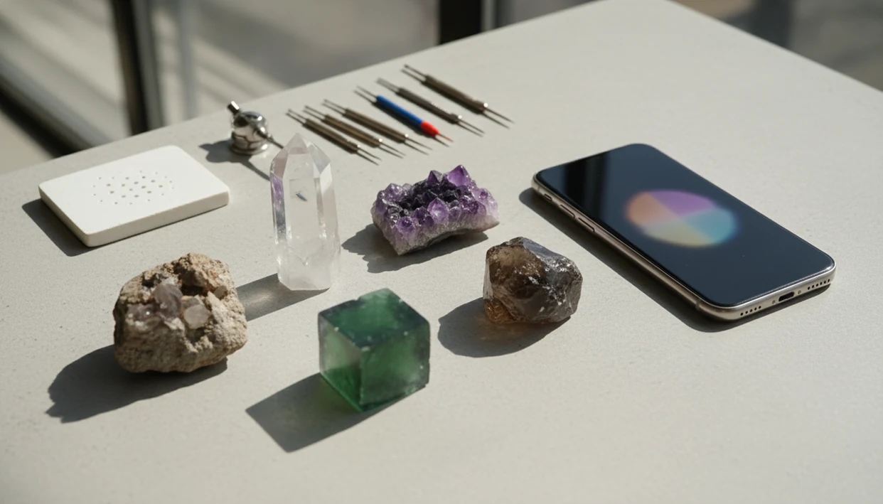 A smartphone and mineral testing tools sit beside quartz, amethyst, fluorite, and rough crystal specimens.