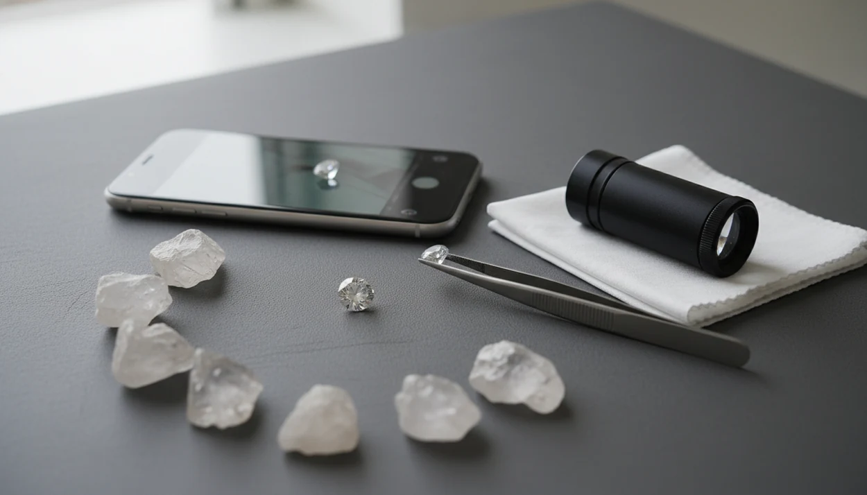 A phone, jeweler tools, and clear stones on a bench suggest app screening cannot prove a diamond.
