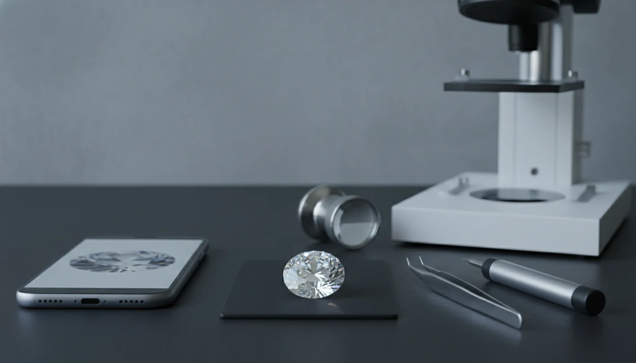 A clear faceted stone sits between a blurred phone photo and gem testing tools on a workbench.