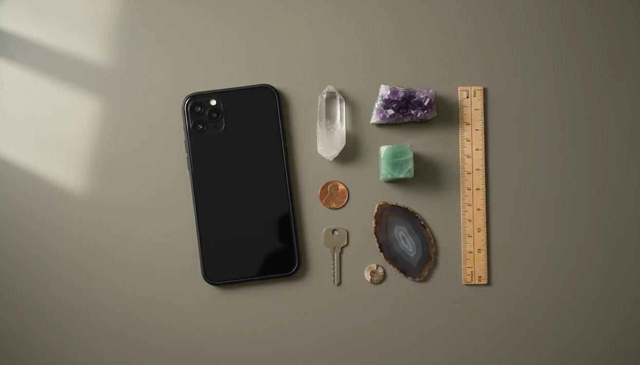 A smartphone lies beside crystals, a fossil, and simple testing tools for photo-based identification.