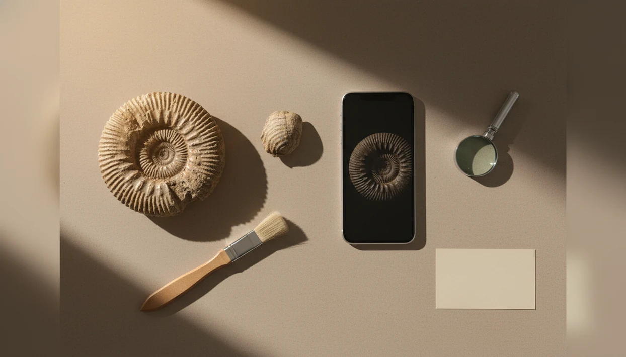 A smartphone lies beside ammonite and shell fossils with simple field tools on a neutral tabletop.