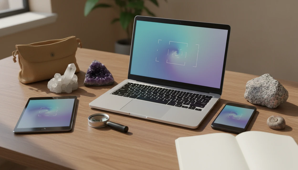 A phone, tablet, and laptop sit beside rock, crystal, mineral, and fossil specimens for photo identification.