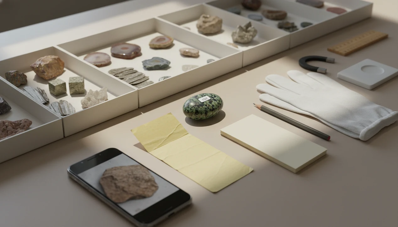A rock collection workspace with specimens, old labels, tools, and a phone ready for careful relabeling.
