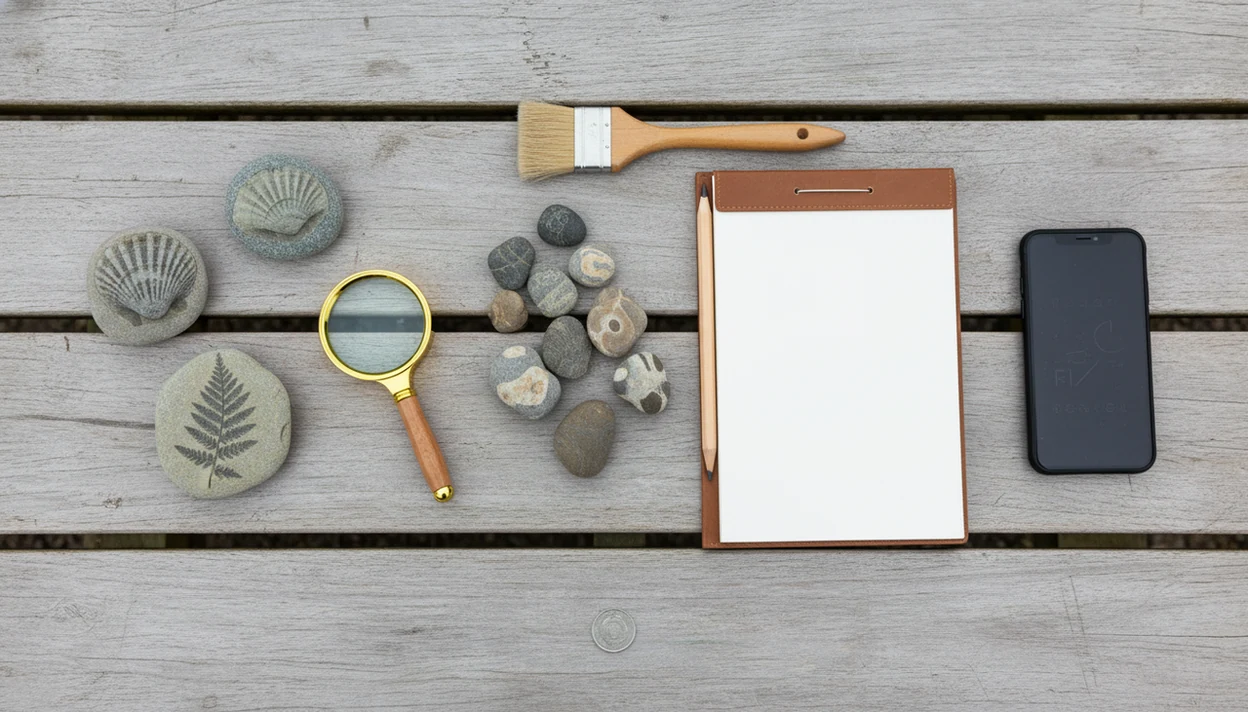 A fossil-hunting field kit with stones, a magnifier, notebook, brush, and phone on a picnic table.
