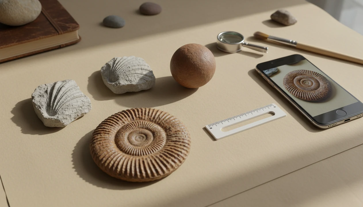 A fossil identification setup with ammonite, shell impression, concretion, phone, ruler, lens, and brush.