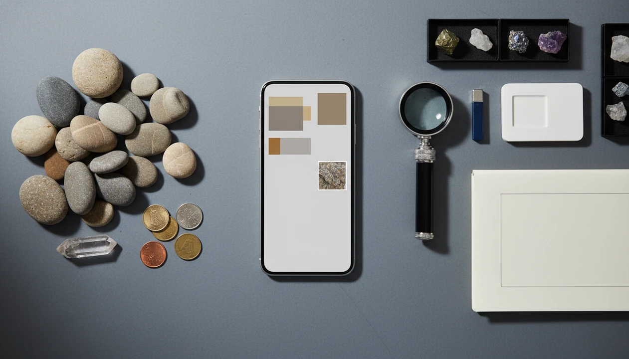 A phone sits between casual pebbles and organized rockhounding tools, suggesting free and paid app choices.