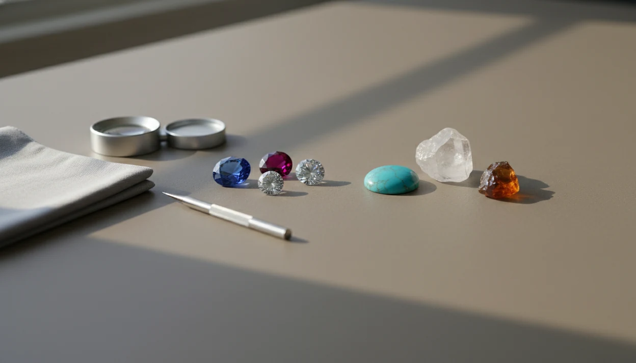 Mixed gemstones, lookalikes, a loupe, and simple tools arranged for careful casual identification.