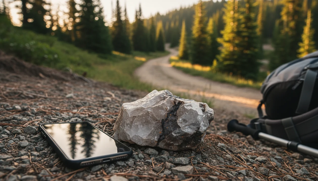 A smartphone rests beside a veined rock on a hiking trail, suggesting photo-first rock identification.