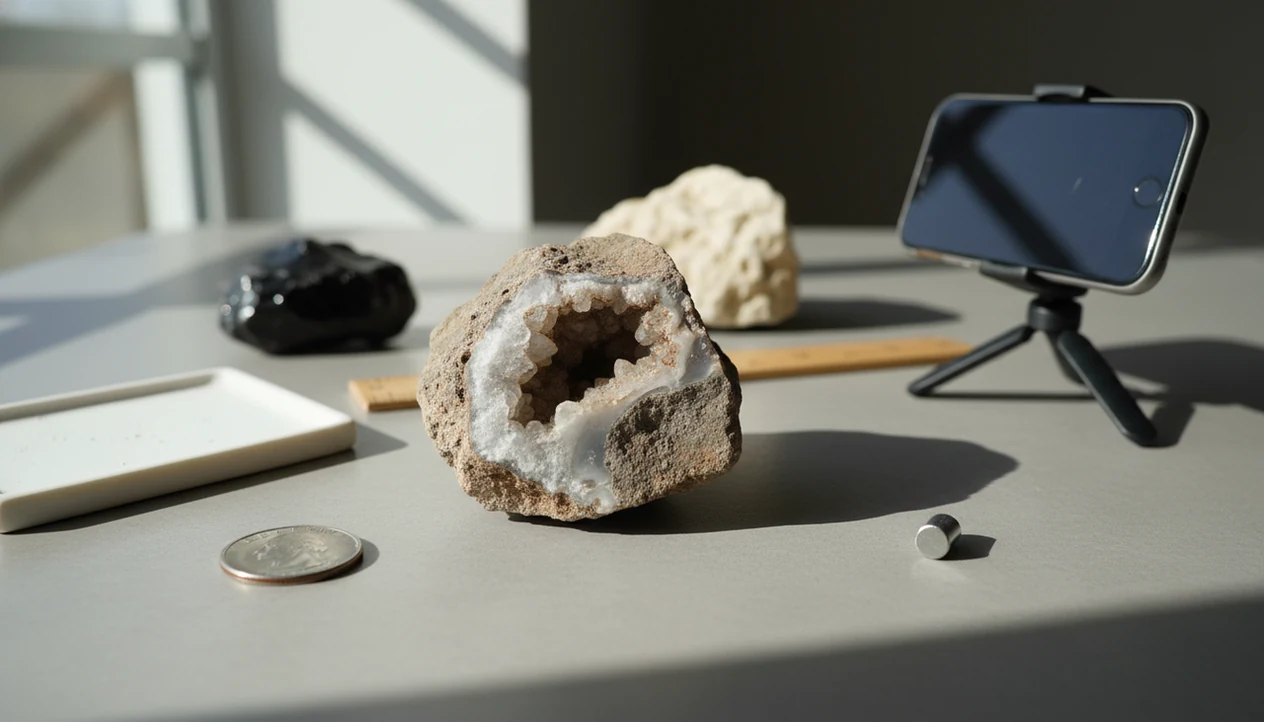 A rock specimen is staged with a phone and simple field tools for online photo identification.