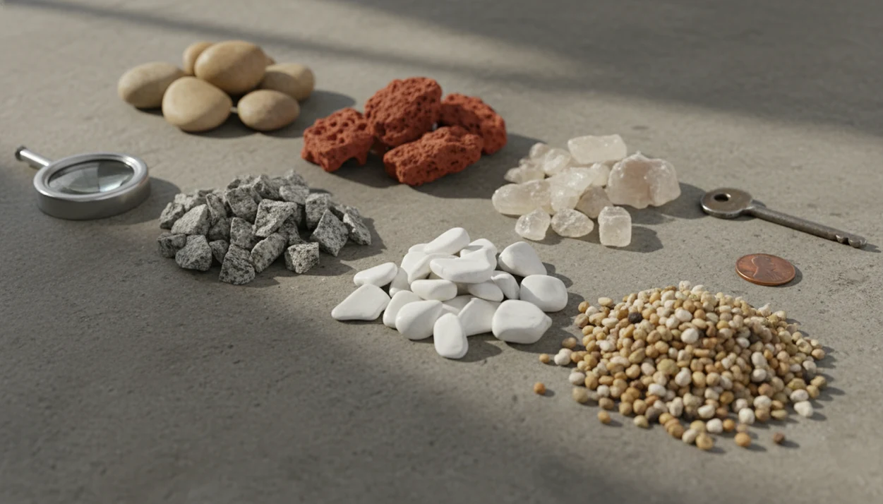 Different landscaping stones are arranged with a hand lens and scale objects for photo identification.