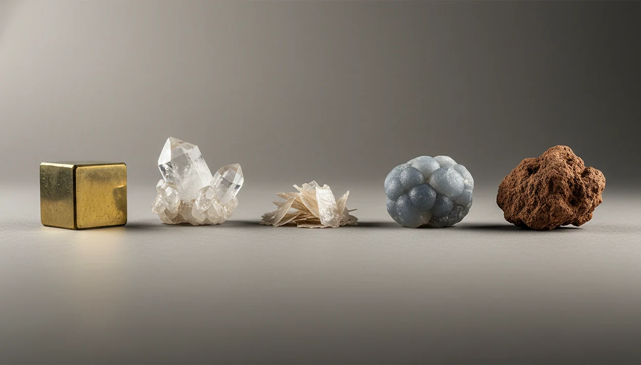 A set of minerals with metallic, glassy, pearly, waxy, and earthy surfaces under studio light.