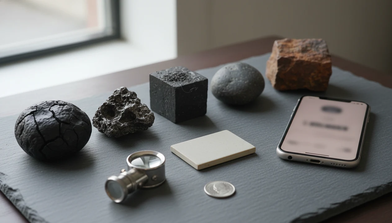 Dark meteorite lookalike rocks sit beside testing tools and a blurred phone on a gray slate surface.