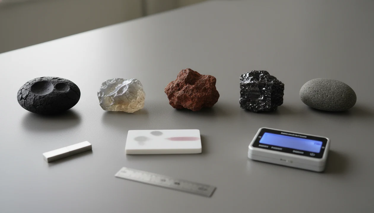 A tabletop comparison of a possible meteorite, common lookalike rocks, a magnet, streak plate, and scale.