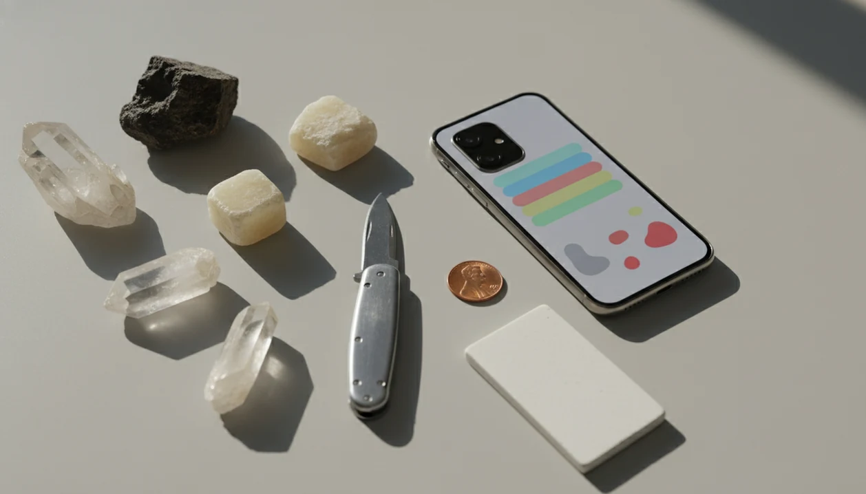 Mineral samples, a phone, and scratch-test tools arranged to compare inferred Mohs hardness with physical testing.