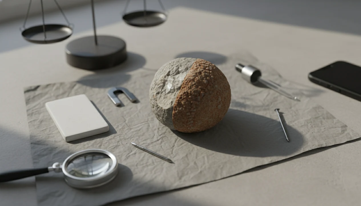 A weathered rock sits beside basic geology test tools, showing why photos alone cannot confirm an ID.