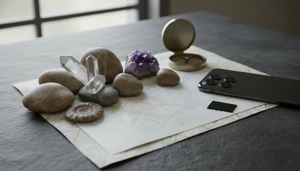 Rocks and a phone rest on a covered map, suggesting protected location data in rock photos.