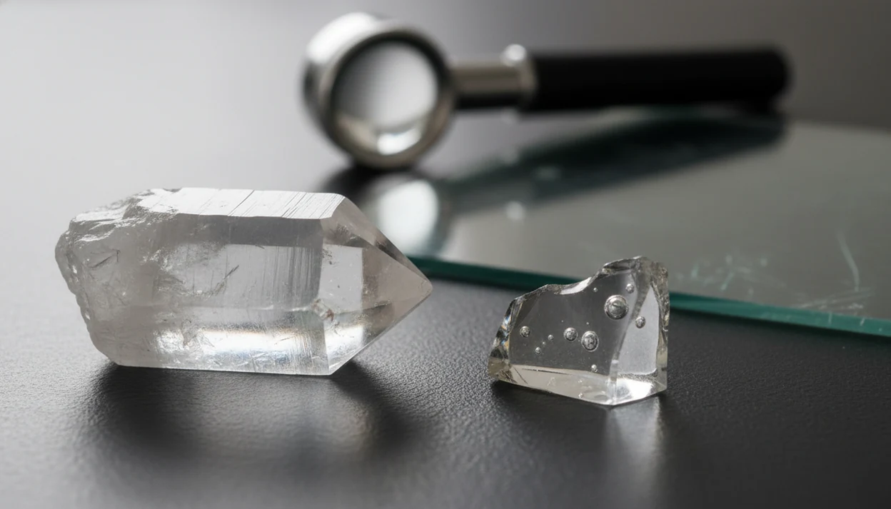 A clear quartz point and a glass shard are shown side by side with bubbles, fractures, and a loupe visible.