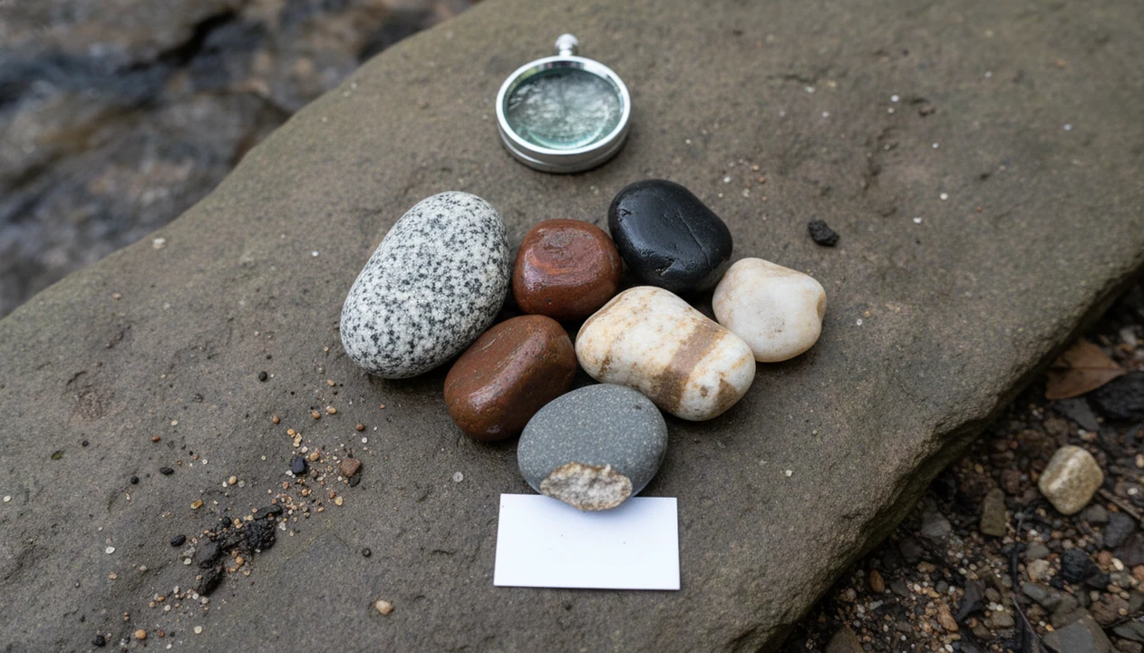 Rounded river stones with a hand lens and a fresh broken edge on a damp creek-side slab.