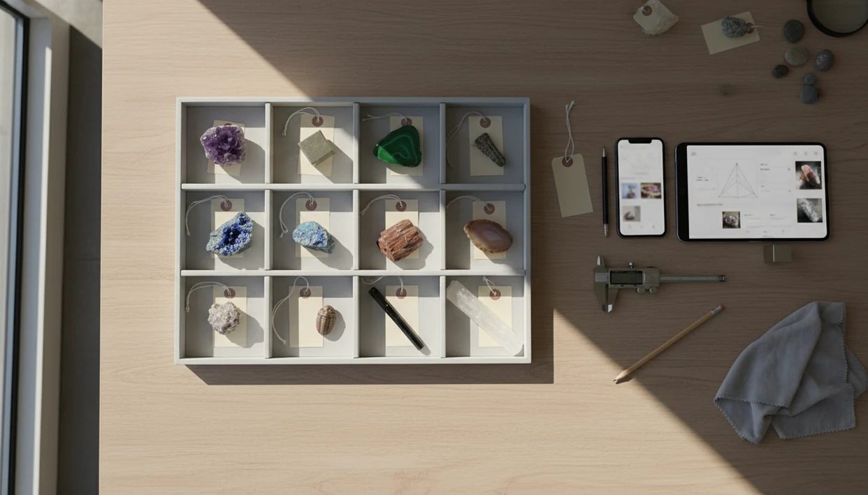 A neatly organized rock collection tray sits beside digital catalog tools and measuring supplies.