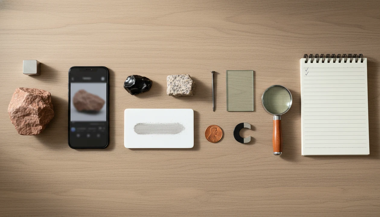A top-down rock identification workflow with specimens, testing tools, phone, and notebook on a desk.