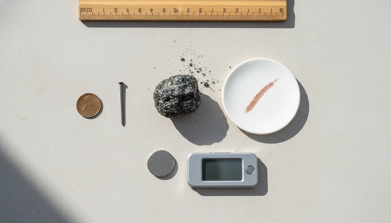 A mineral sample sits with streak plate, magnet, scale, and scratch tools for checking rock ID confidence.