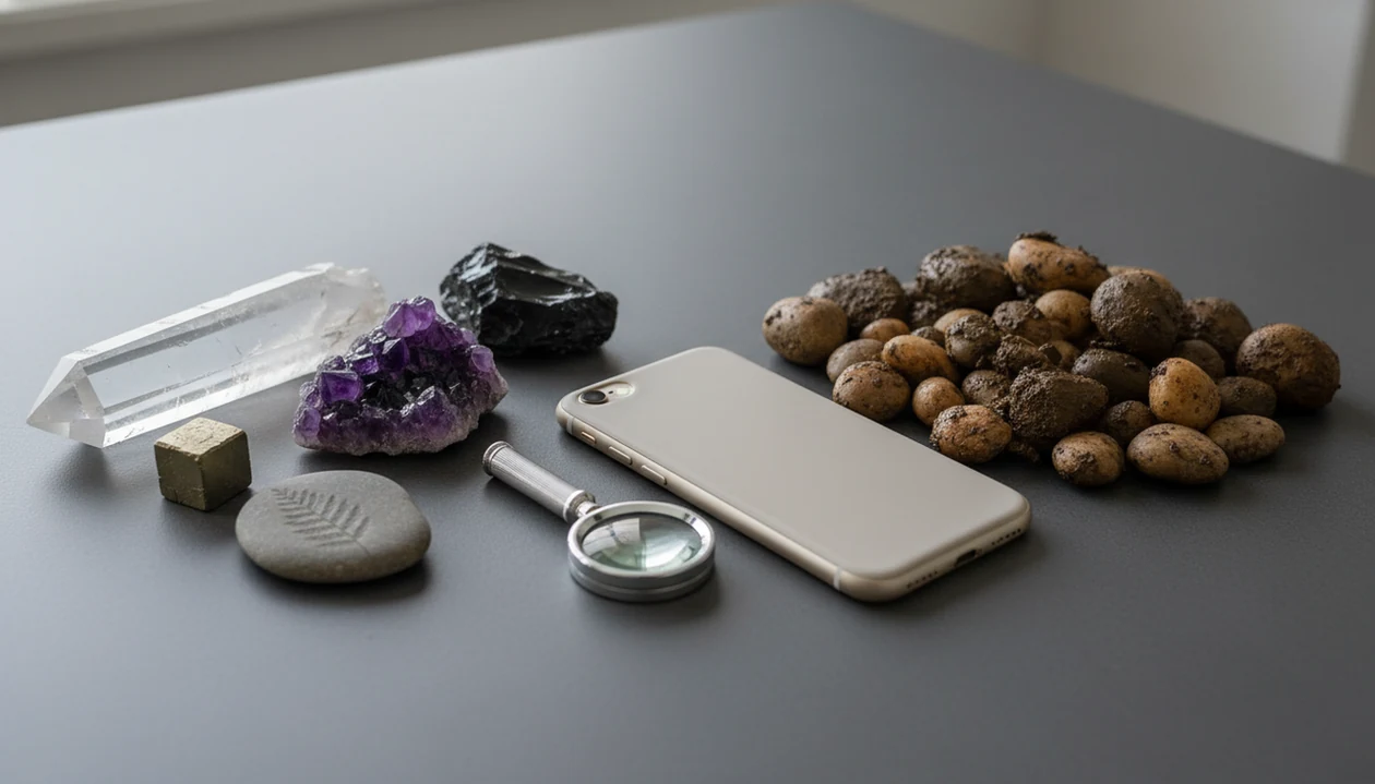 Distinctive crystals and ambiguous pebbles arranged beside a phone and hand lens for rock identification.