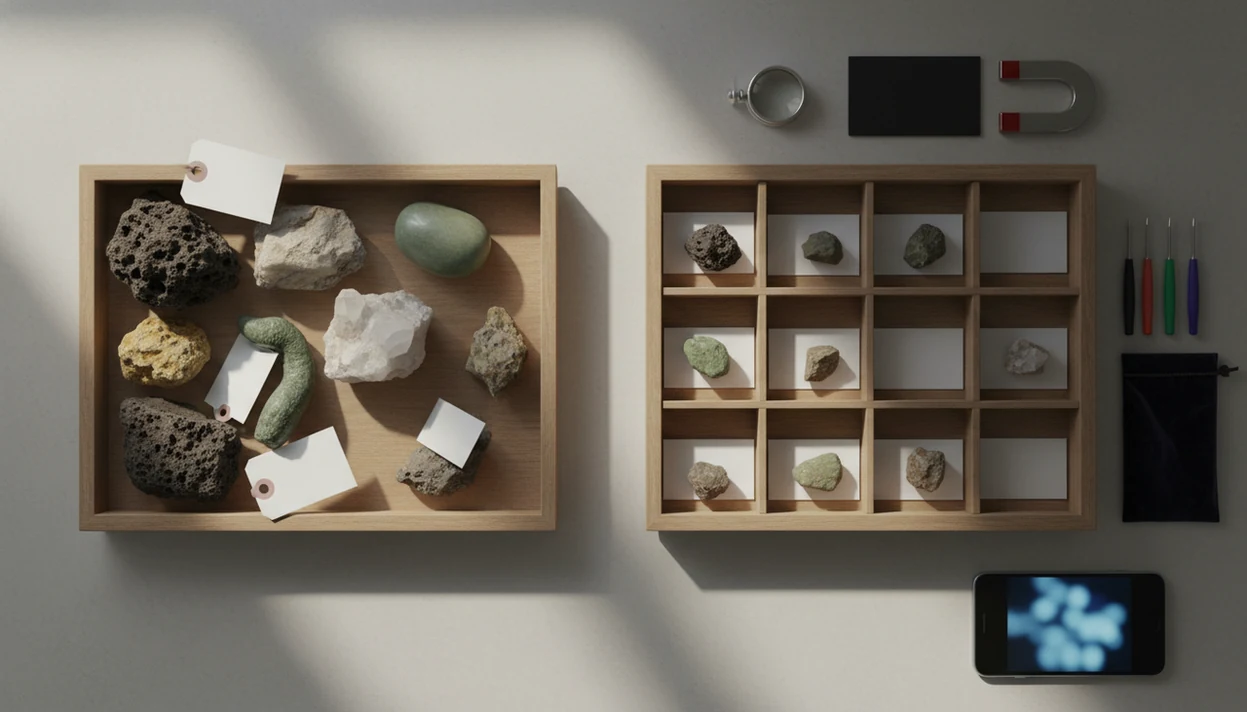A rock collection changes from loose mystery stones to organized specimen records with simple test tools.