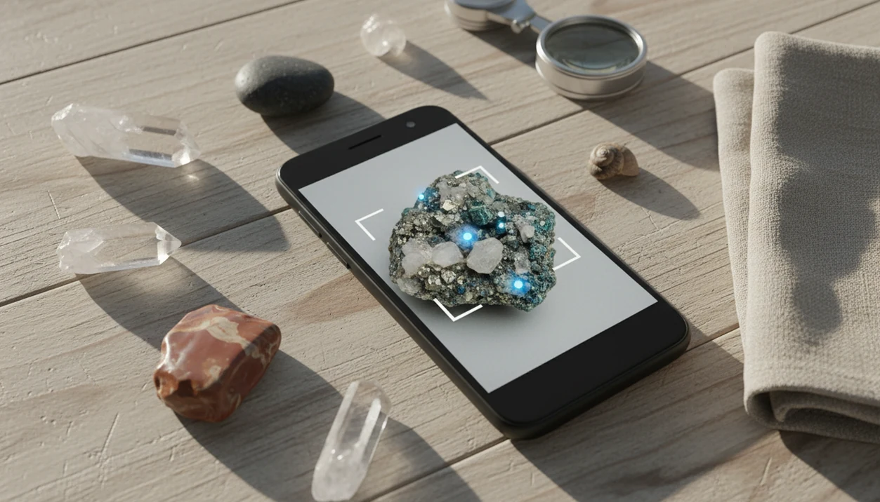 An Android phone analyzes a rock photo beside crystals, pebbles, a fossil, and a hand lens on a field table.