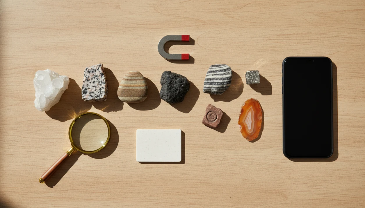 A beginner rock identification kit with assorted rocks, a magnifier, streak tile, magnet, and phone.