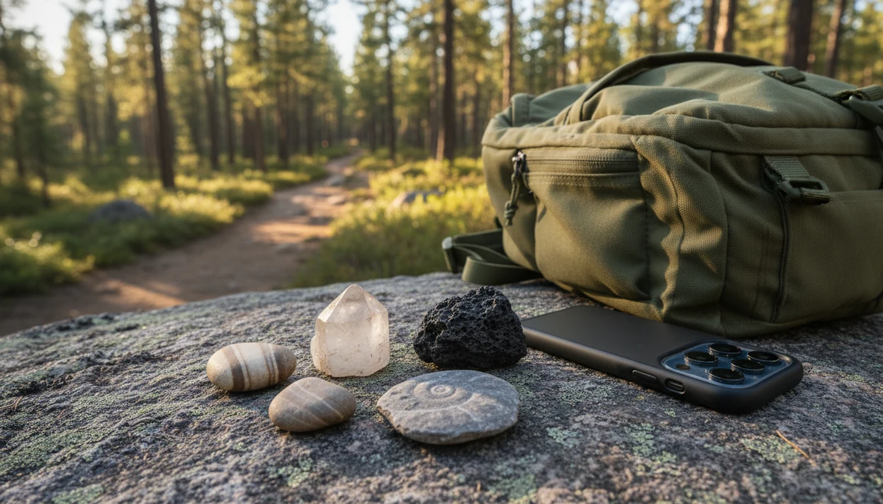 Trail rocks and a phone rest on a boulder beside hiking gear in a forest setting.