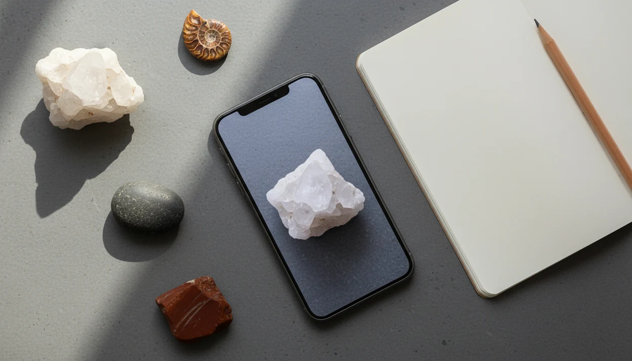 An iPhone photographs assorted rocks and a fossil beside a blank field notebook on a slate tabletop.