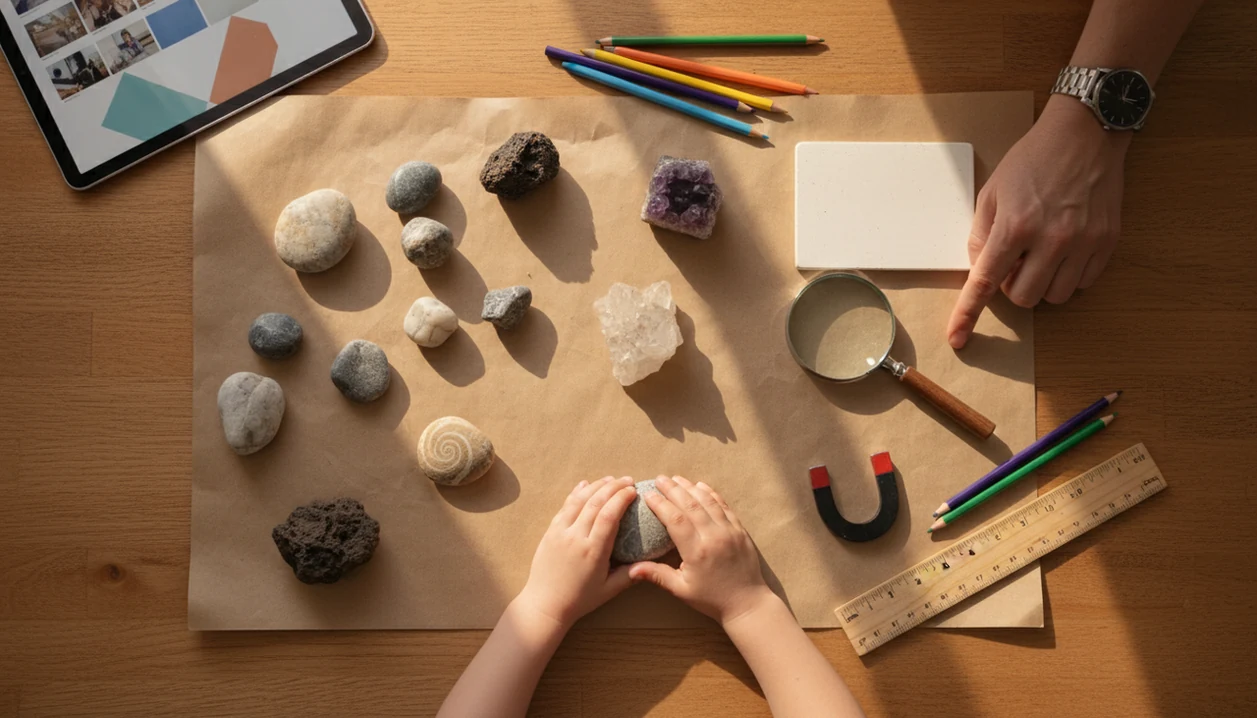 A child and parent examine rocks with safe identification tools on a kitchen table.