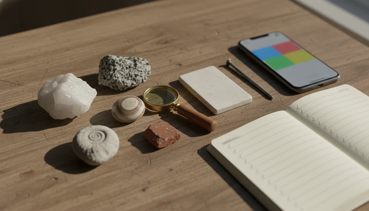 Rocks, a phone, and simple hardness and streak tools arranged for checking photo-based identification results.