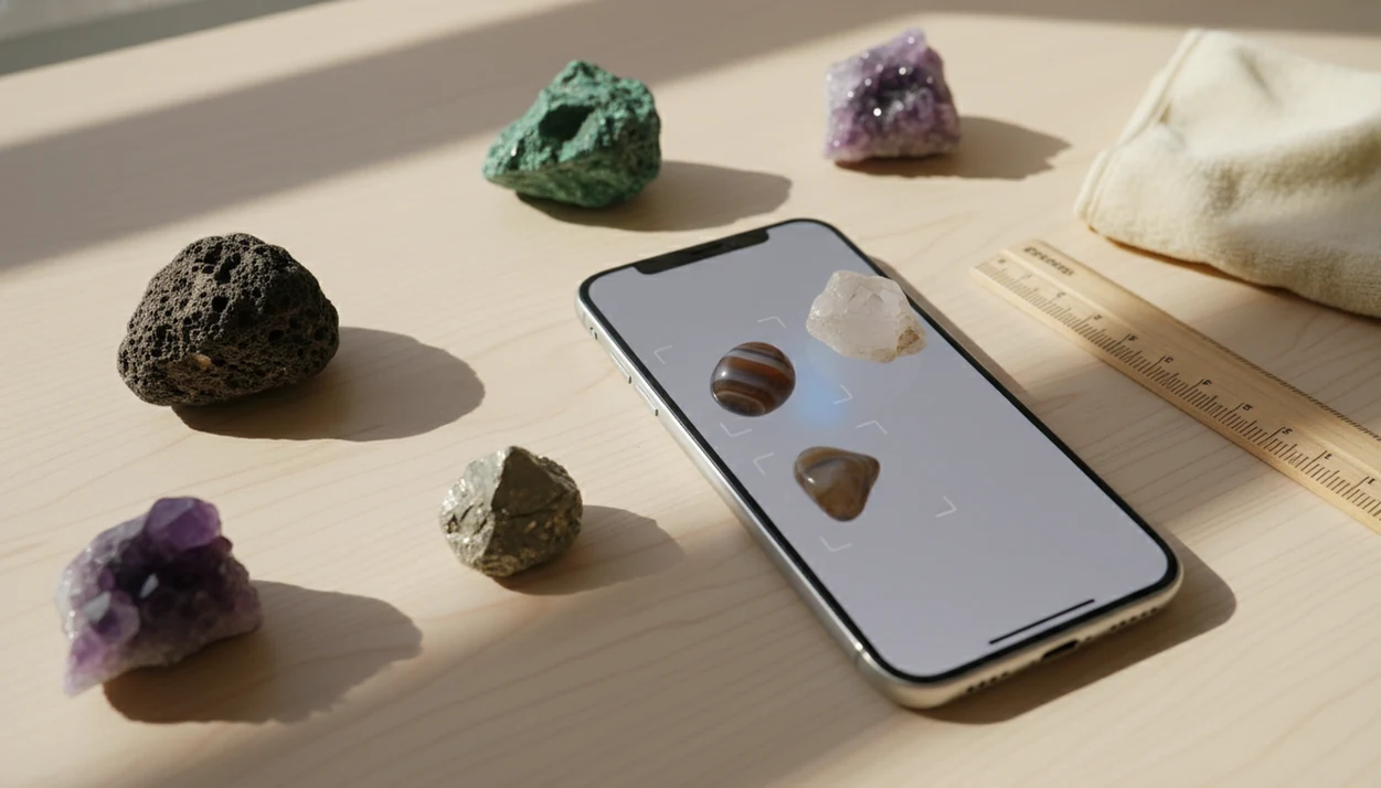 A smartphone scans assorted rocks and crystals on a desk with subtle focus markers on the screen.