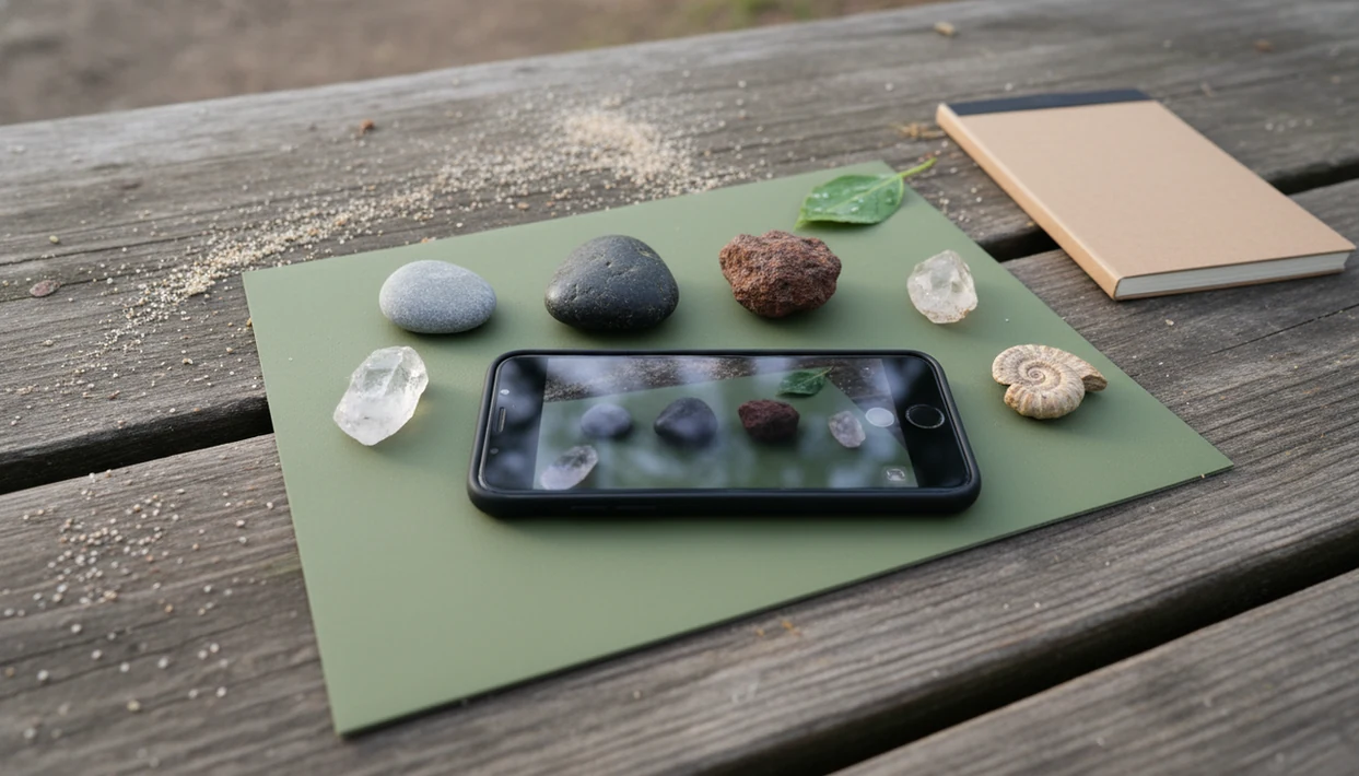 A phone scans mixed beach, river, yard, trail rocks on an outdoor table in natural light.