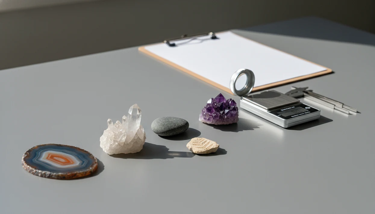 Assorted rocks and minerals sit beside measuring tools, showing why photo value estimates need caution.