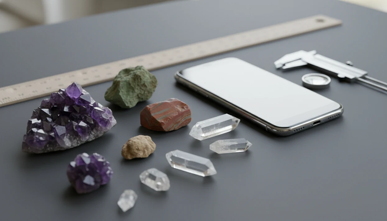 A phone and appraisal tools sit beside assorted rocks and crystals on a dark tabletop.