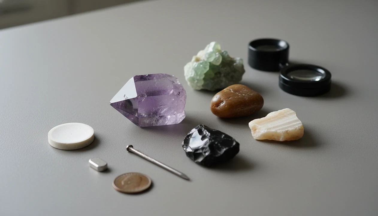 Rough gemstones and simple field testing tools arranged for photo-based identification.