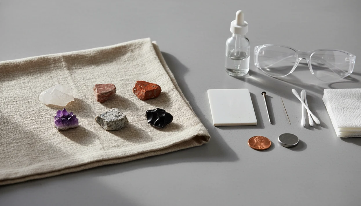 A tidy home mineral testing setup with rocks, streak tile, magnet, nail, penny, vinegar, and safety glasses.